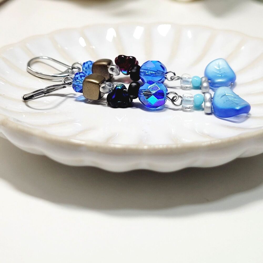 Blue Glass Leverback earrings handmade Secret Lore earrings  Earthy Boho B  689■